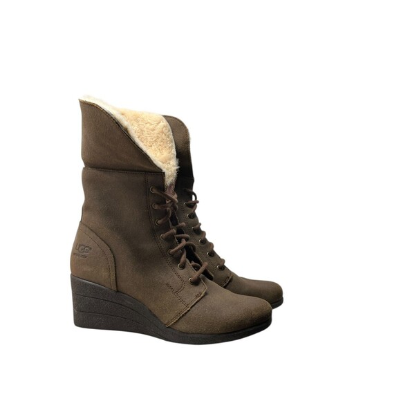 Ugg Zea Wedge Boots Women's 9 Brown Waterproof Suede Shearling - Picture 2 of 11